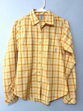 Stio Sidley Pearl Snap Button Up Shirt Starburst Yellow Plaid Nylon/Poly S